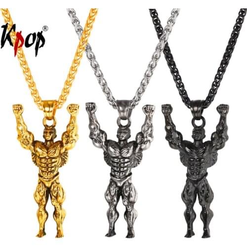 Kpop Muscle Man Shape Pendant Necklace Stainless Steel Adjustable Chain Necklace Gym Fitness Jewelry for Men GP738