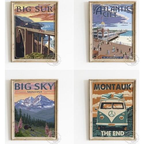 Landscape Travel Poster, Atlantic City Boardwalk Big Sky Montana Art Prints, California Bixby Bridge Montauk Camper Car Wall Art