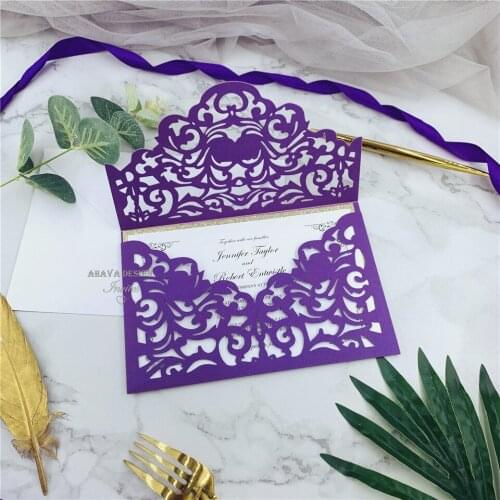Cordially Inviting - Purple Shimmer Laser Cut Pocket With Classic Invitation And Glittery Backing, Invitation For Wedding