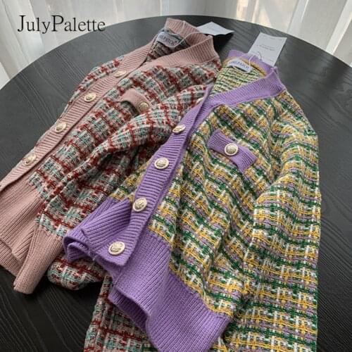 JulyPalette Vintage Plaid Women Knitting Cardigan 2021 Autumn Winter Ladies Single-breasted Sweater Cardigan Female Knitted Coat