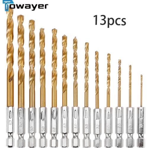13pcs/lot HSS High Speed Steel Titanium Coated Drill Bit Set 1/4 Hex Shank 1.5-6.5mm Hexagonal Handle Twist Drill