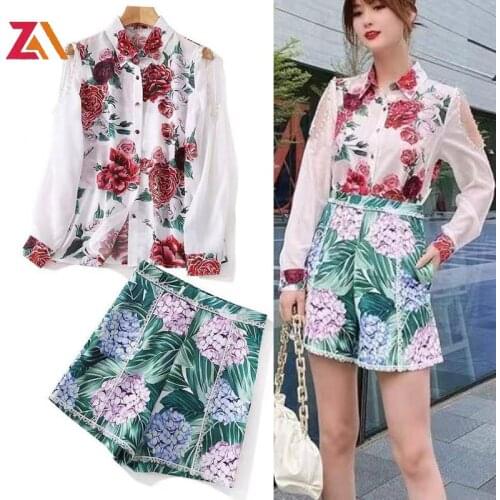 ZALady designer casual two piece sets suit rose floral hollow out long sleeve shirts tops shorts beach 2piece set outfits women
