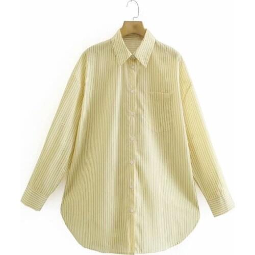 Women Shirt Za Fashion 2021 Pocket Stripes Yellow Loose Comfortable Shirts Female High Street Chic Mujer Tops