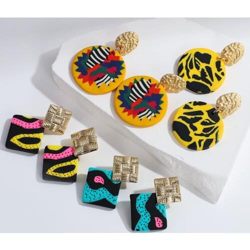 AMORCOME Handmade Polymer Clay Earrings for Women Gold Color Metal Unique Geometric Round Dangle Earrings Trendy Jewelry 2021