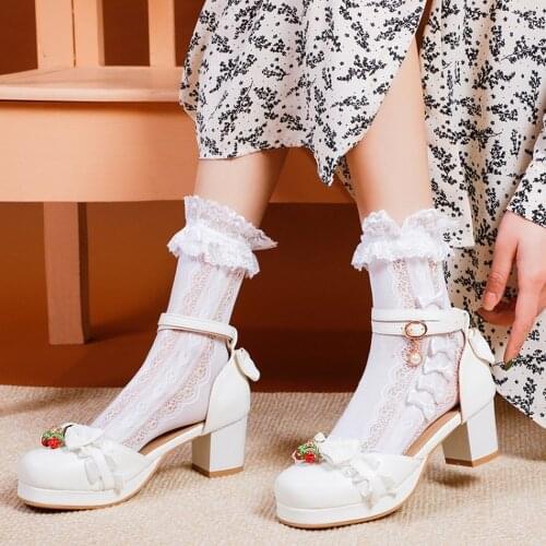 US4-13 Womens Lolita Mid Heel Round Toe Bowknot Cross-strap Kawaii Cosplay Shoes Plus Size 34-48 Girls Mary Janes New 2021