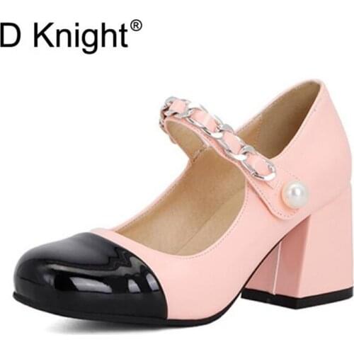 Spring Womens High Heels 6.5cm Retro Mary Janes Shoes with Platform Square Toe Shallow Pumps Thick Heels Shoes Woman Size 32-43