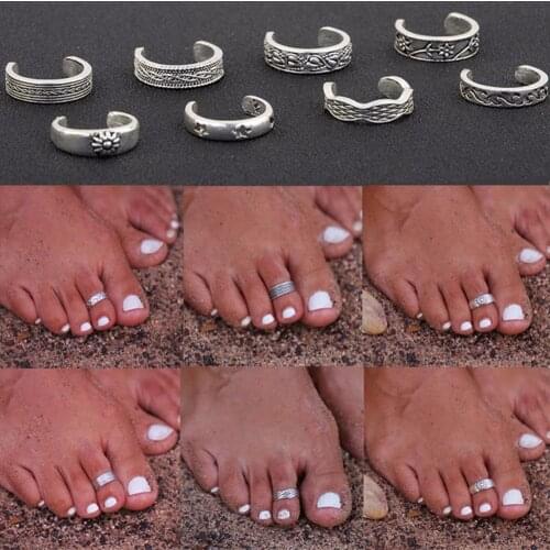 2Pcs Mix Celebrity Fashion Simple Retro Carved Flower Adjustable Toe Foot Rings For Women Open Finger Ring Jewelry