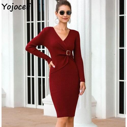 Yojoceli Elegant knot knee length sweater dress women Sexy bodycon autumn winter dress Warm soft black knitted dress vestidos