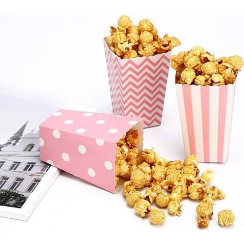 12pcs Popcorn Stripes Paper Box Wave Dot Pink Gift Box Favour Wedding Corn Container Kid Party Decoration Bags Supplies