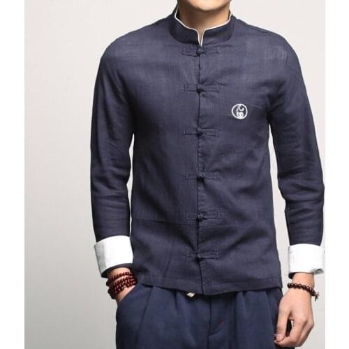 #8121 Spring Autumn Cotton Linen Shirt Men Stand Collar Embroidery Single Breasted High Quality Fashions Vintage Shirt For Men