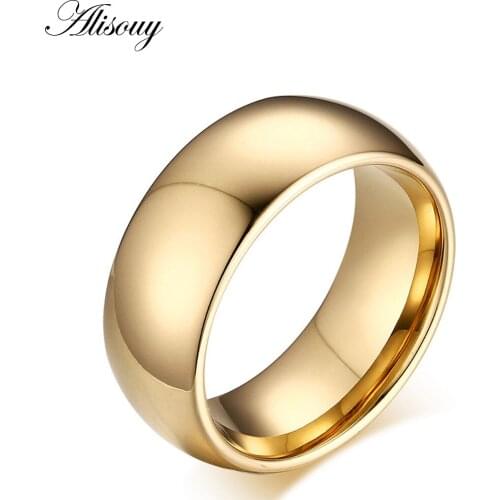 Alisouy HQ Classic male Gold Color 8mm width Titanium Steel Women Men Wedding Ring No fade valentines day gift