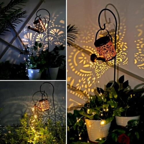 Solar Powered Wrought Iron Hollow Out Lamp Watering Can Sprinkles Fairy Light LED Outdoor Garden Waterproof Shower Light Decor