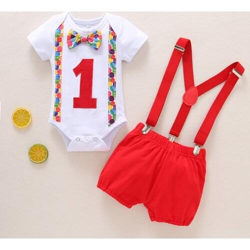 1 Year Baby Boy Clothes Infant Baby Boy Girl Cartoon Dot Print Romper Suspender Shorts Birthday Outfits Toddler Clothing
