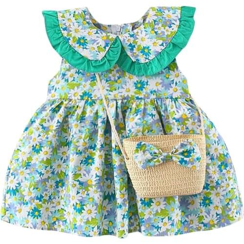 Toddler Baby Kids Girls Dresses Sweet Peter Pan Collar Floral Flowers Pattern Summer Princess Dresses Baby Girl Clothes 1-3 Year