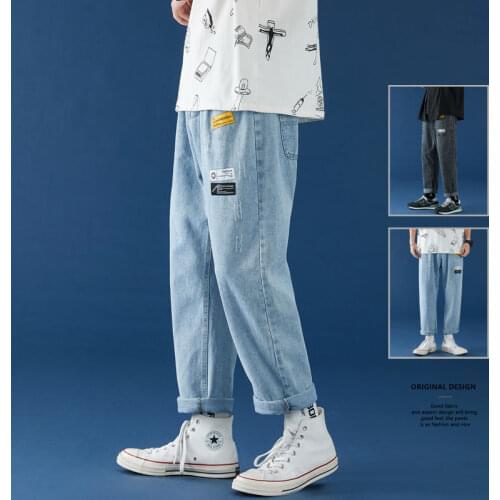 High Street Jeans Straight Wide Legs Cropped Denim Pants Thin Casual Scratch Hiphop Loose Printed Trousers Streetwear Black/Blue