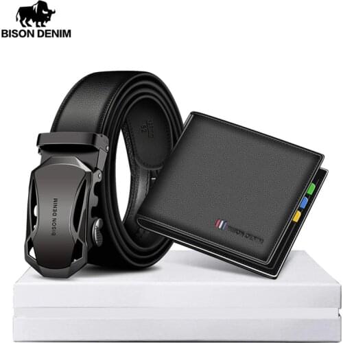 BISON DENIM Genuine Leather Men Belt Wallet Gift Set Business Automatic Belt Card Holder Cow Leather Wallet for Friend Gift Box