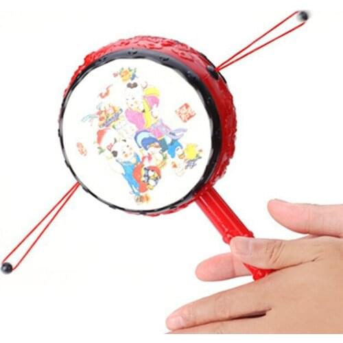 Red Chinese Traditional Spin Toy Rattle Drum Kids Cartoon Hand Bell Plastic For Baby