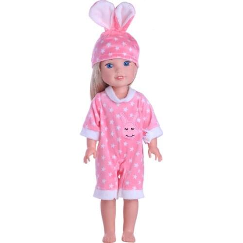 Luckdoll Doll Clothes Accessories Pink rabbit set=(1 hat and 1 full body suit) Fit 14.5 Inch Wellie Wishers Doll,Children Gift