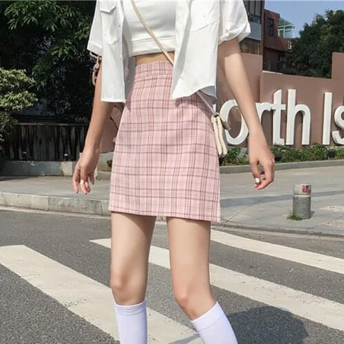 Streetwear High Waist Mini Skirt Tartan Grey Women A-line Skirt harajuku plaid skirts womens Casual Slim Short Skirt