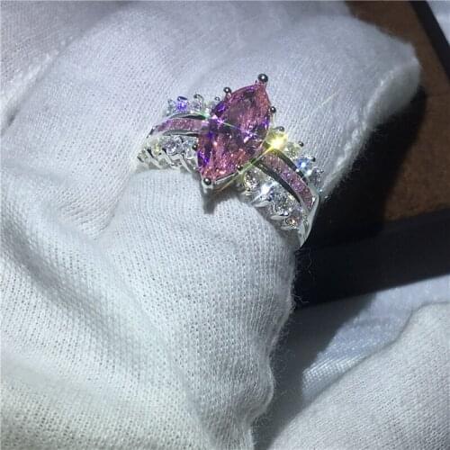 Fashion Lady Marquise Cut 5ct Pink AAAAA zircon Stone cz Engagement Wedding Band Rings for women men White Gold Filled Jewelry