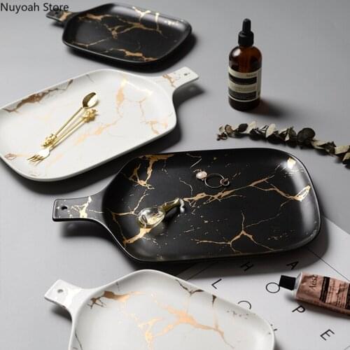 Nordic Light Luxury Tracing Gold Marble Pattern Handle Tray Western Dinner Plate Steak Plate Jewelry Storage Tray Shooting Props
