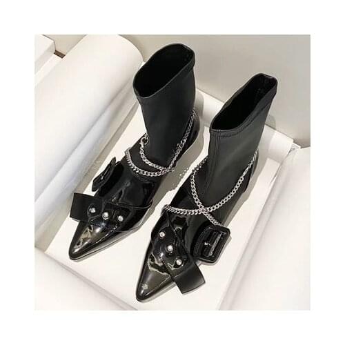 2020 new retro spring and autumn black single boots trendy thick high heel chain pointed toe knee-length womens boots