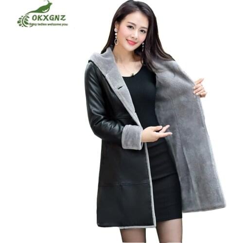 Autumn winter new fur one leather Outerwear female medium long Plus size leather windbreaker coat women thickening coat OKXGNZ