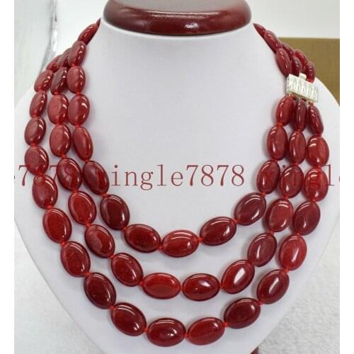 New 3 Row 13x18mm Oval Red Ruby Gemstone Beads Necklace 17-19
