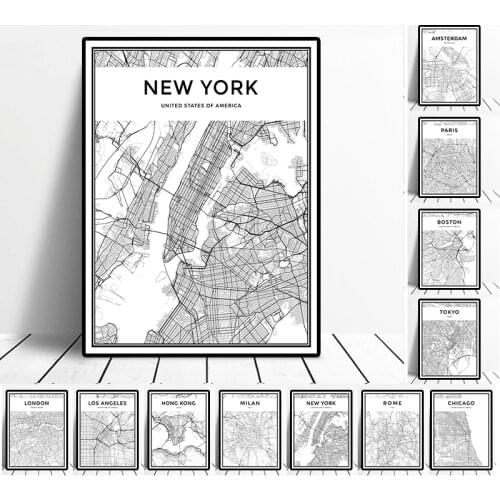 Black White Custom World City Map Paris London New York Posters Nordic Living Room Wall Art Pictures Home Decor Canvas Paintings