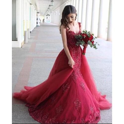Burgundy Appliques Beaded Prom Dresses with Detachable Train V Neck Formal Evening Party Gowns Robe De Soiree