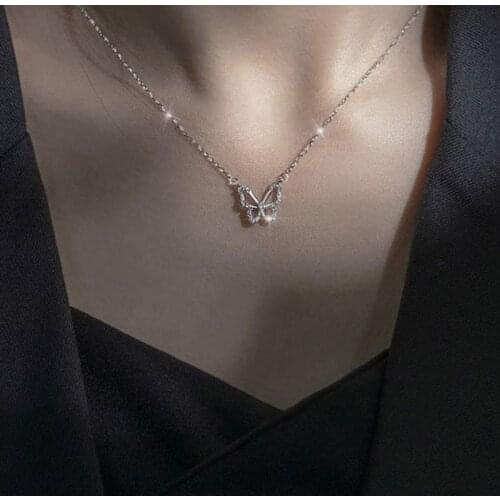 Silver Colour Shiny Butterfly Necklace With Zircon Shining Animal Choker Pendant Party Gift For Ladies Fashion Jewelry