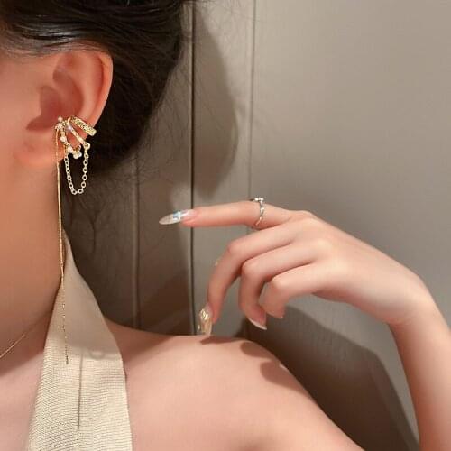 Korean Fashion Long Tassel Rhinestone Ear Cuff Clip Earring One Piece Geometric Metal No Piercing Earring Statement Jewelry