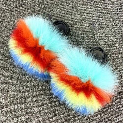 Children Fox Fur Slides Kids Sweet Fluffy Real Fur Slippers Strap Toddler Soft Flat Sandals Girl Sweet Plush Furry Flip Flops
