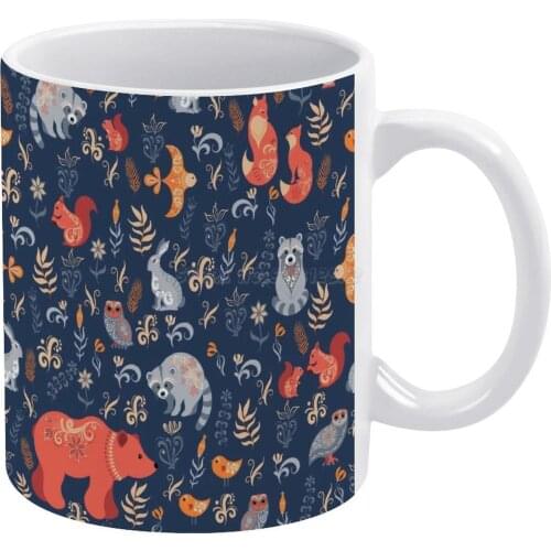 Fairy-tale Forest. Fox , Bear , Raccoon , Owls , Rabbits , Flowers And Herbs on A Blue Background. White Mug New Good Quality Pr