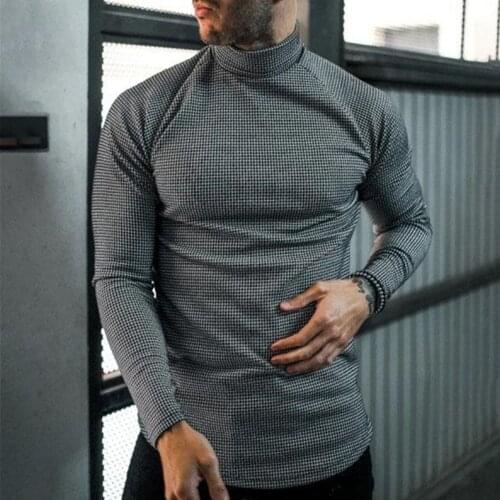 Mens Sweatshirt Long Sleeve Autumn Winter Casual Tops New Small Lattice Print Turtleneck T-Shirt Blouse Male Pullover In Stock