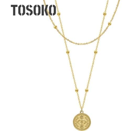 TOSOKO Stainless Steel Jewelry One Eyed Double Layered Womens Retro Pendant Necklace BSP058