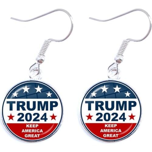 Trump 2024 Earrings USA Election Collection 16mm Glass Cabochon Silver Plated Drop Earrings Jewelry For Women Girl Support Trump