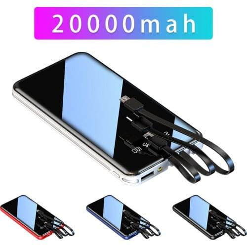 20000mAh Power Bank with Cable Fast Charge Portable External Battery Charger Powerbank for Xiaomi iPhone Mobile Phone Poverbank