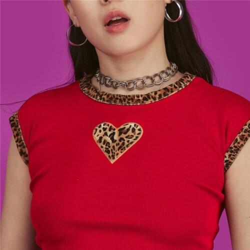Leopard Print Splice Red Short Sleeve T Shirt Summer 2019 Cropped O-neck High Street t-shirt Women Sexy Crop Top