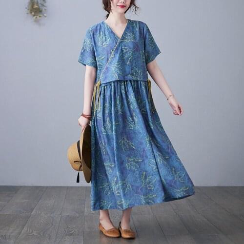 Dress Womens 2021 Summer New Products Literary Loose Large Swing Printed V-neck Long Dress Woman Linen Retro Dress Female E543