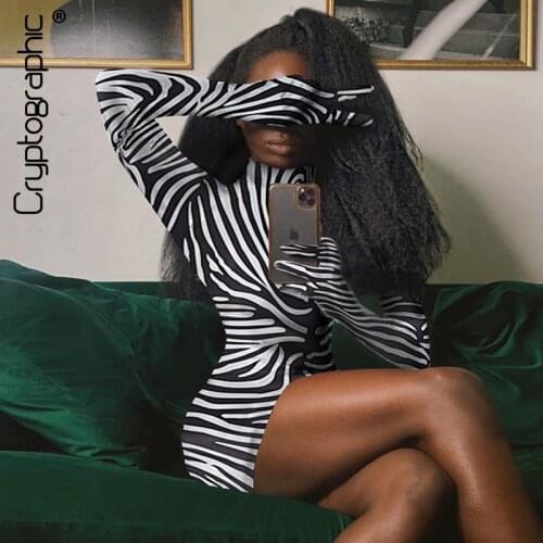 Cryptographic Zebra Animal Print Fashion Mini Dress Bodycon Birthday Outfit Club Party Long Sleeve Womens Dresses Slim Vestidos