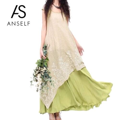 Women Maxi Dress Floral Embroidery Vintage Cotton Dress 3XL 4XL 5XL Plus Size Dresses Loose O Neck Two Layer Bohemian Long Dress