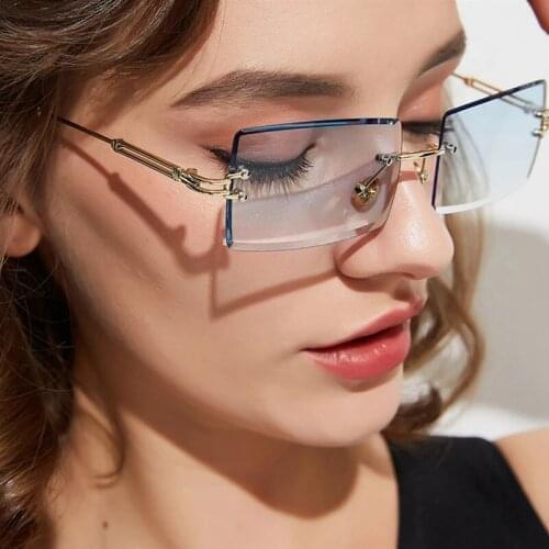 2@#Ladies Frameless Eyeglasses Car Sunglasses Women Brand Designer Fashion Rimless Gradient Saun Glasses Shades Cutting Lens