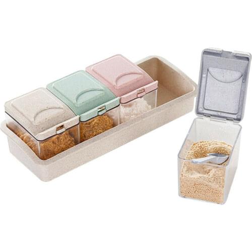4pcs/set Clear Seasoning Rack Spice Pots Storage Container Condiment Jars Cruet with Cover and Spoon Kitchen Utensils Supplies