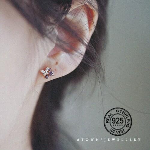 925 Sterling Silver Earrings For Women Gold Zircon Butterfly Lavender Color Simple Fashion Design Girlfriend Gift Jewelry INEFFA