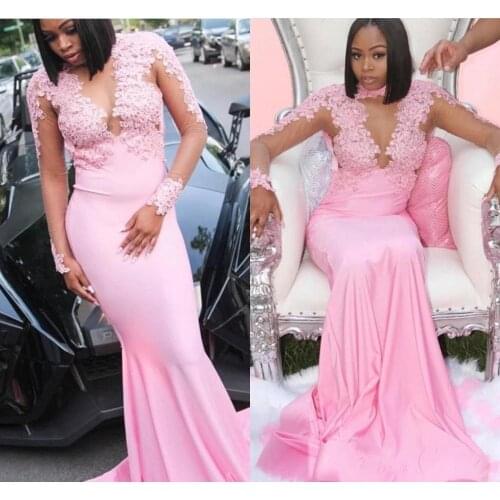 African Black Girls Prom Dresses 2020 Pretty Pink Mermaid Long Sleeve Appliques Holidays Party Gowns Plus Size Custom Made