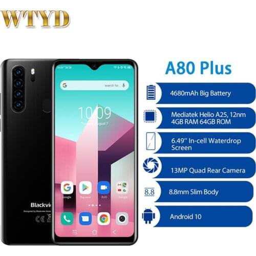 Blackview A80 Plus 6.49'' 4GB+64GB Android 10.0 4G Mobile Phone 13MP Quad Camera 4680mAh NFC Face Unlock 4G LTE Smartphone