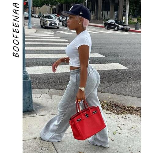 BOOFEENAA Streetwear Fashion Wide Leg Pants Women High Waisted Casual Comfy Sweatpants Grey High Quality Clothing C85-CE45