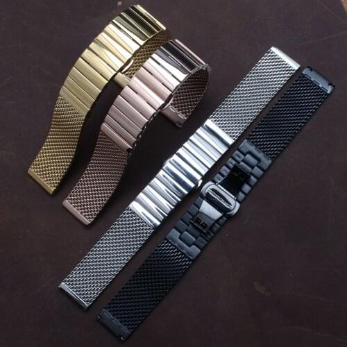High Quality Bracelet gold Silver Black 20mm 22mm Stainless Steel Watchband Mesh Band Wrist Watch Strap Push Button Straight end