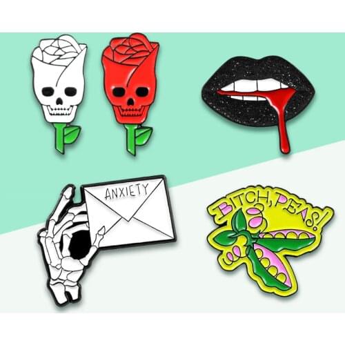 Pins of Gothic Ghost Rose Bleeding Lips Skeleton Finger Pea Monster Brooch Rock Punk Hip Hop Jeans Badge Horror Halloween Gift